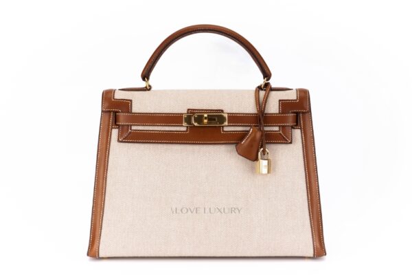 Hermès Kelly 32 Ecru Vintage Toile aAd Barenia Y Circle Luxury