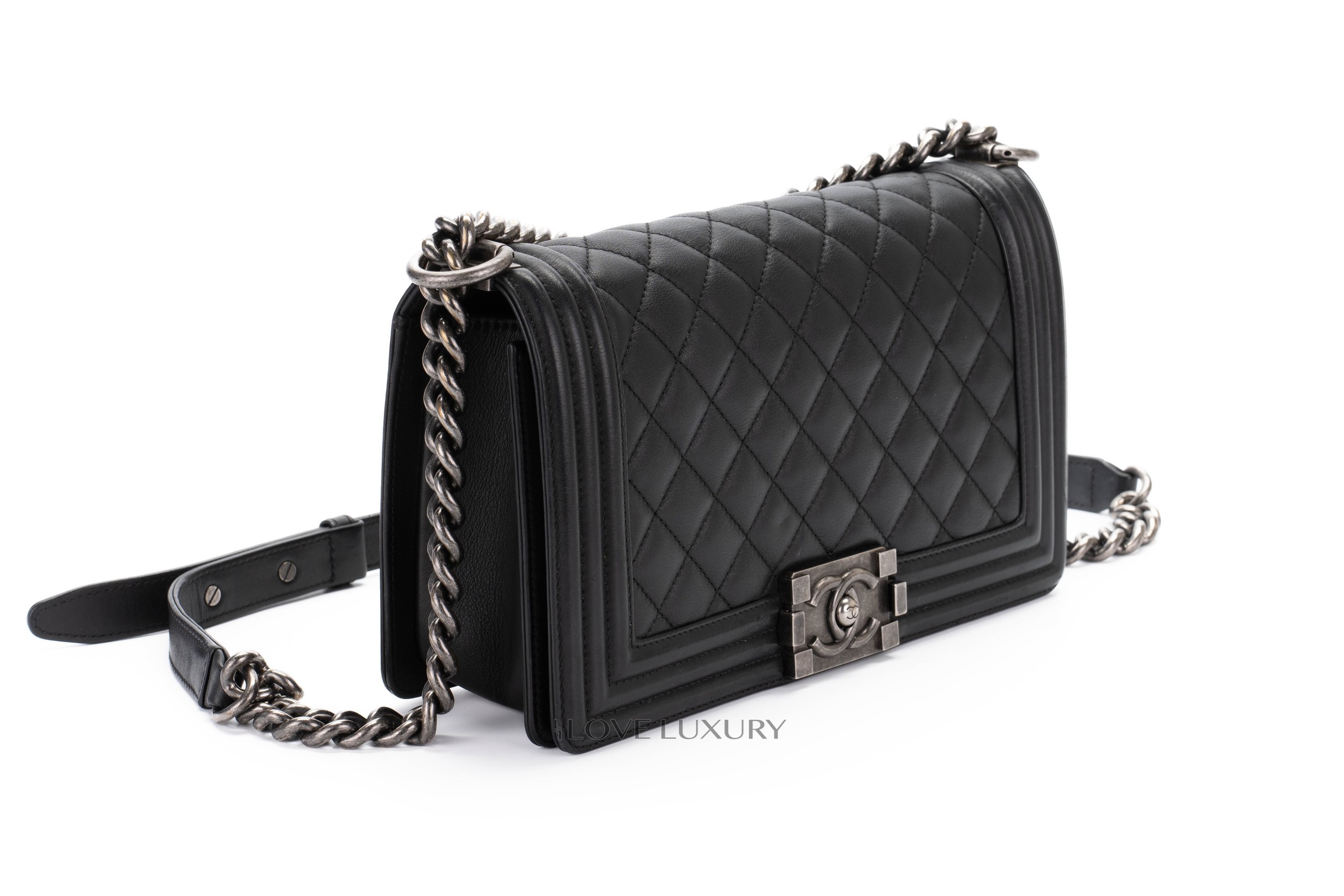 Chanel Boy Bag Black Lambskin Ruthenium Hardware Luxury Shopping