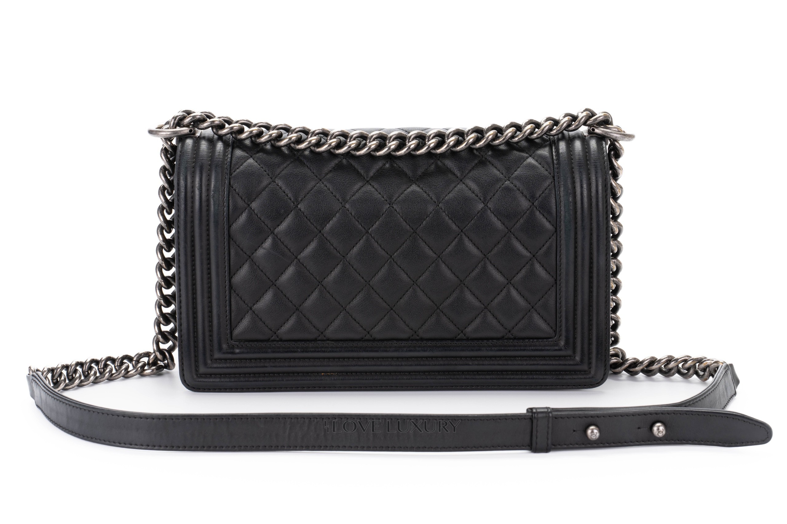 Chanel Boy Bag Black Lambskin Ruthenium Hardware Luxury Shopping
