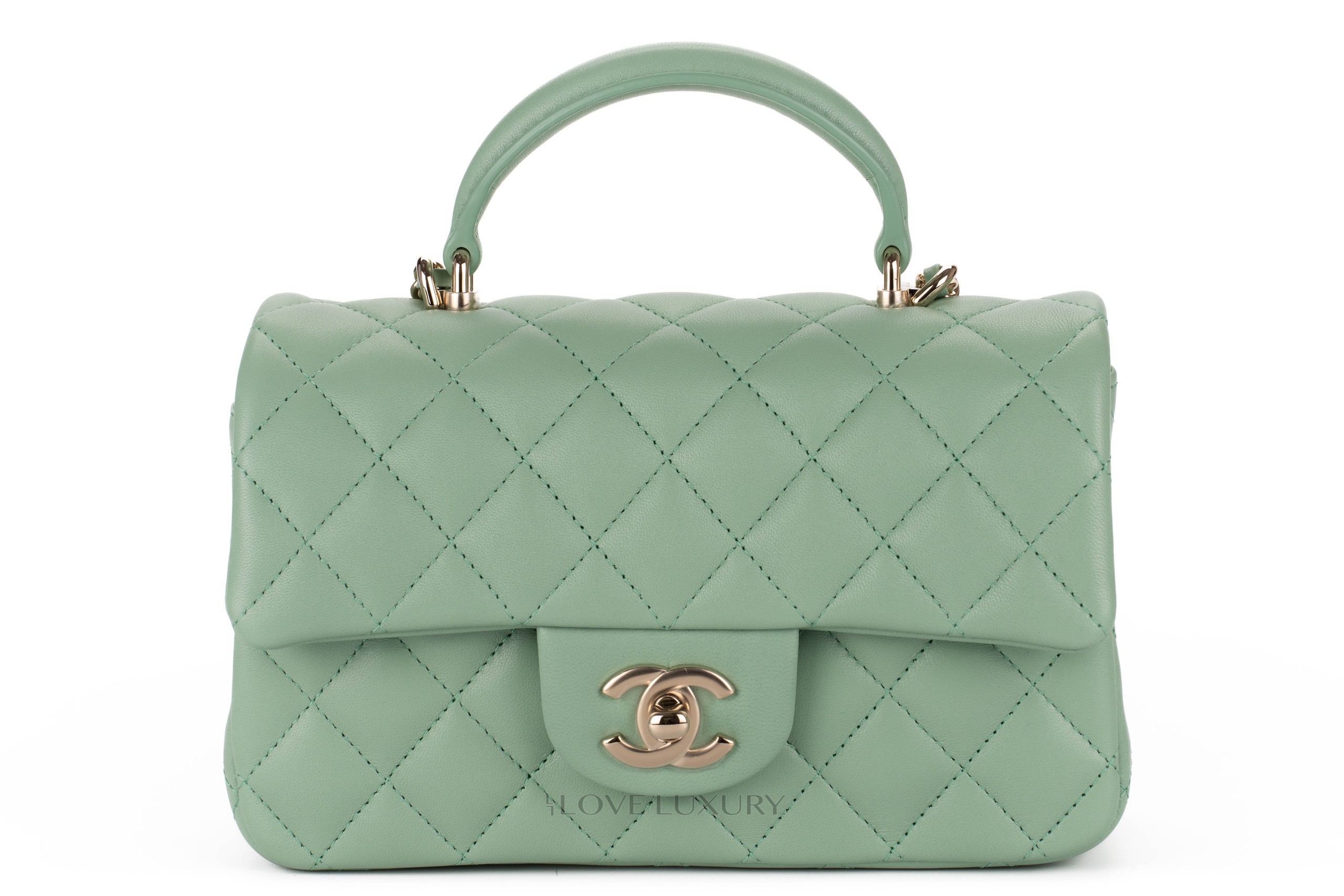 Chanel Mini Flap Bag Top Handle Lambskin Mint Green Champagne Hardware -  Luxury Shopping