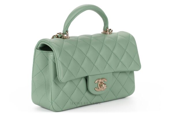 Chanel Mini Flap Bag Top Handle Lambskin Mint Green Champagne Hardware ...