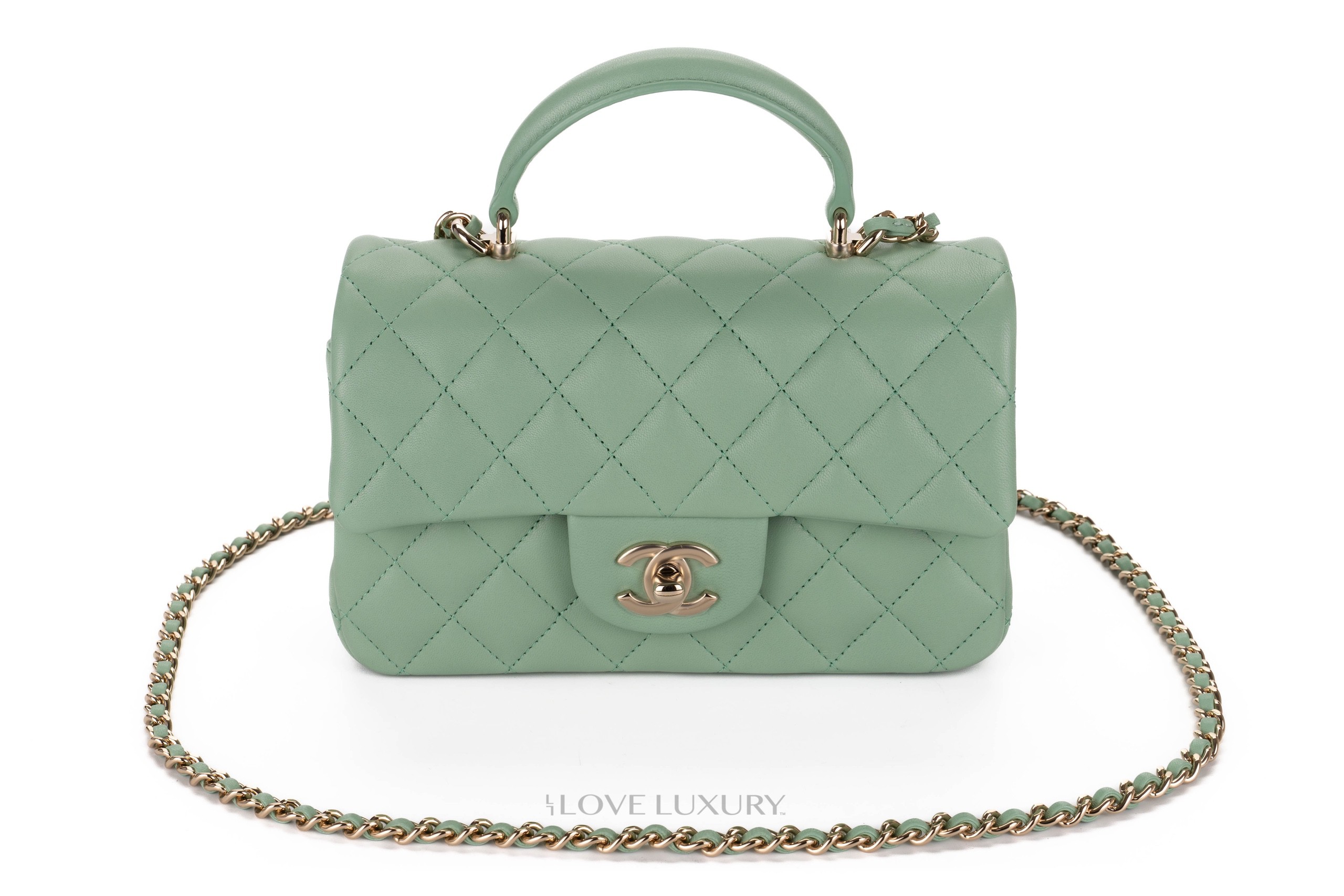 Chanel-Mini-Flap-Bag-Top-Handle-Lambskin-Mint-Green-Champagne-Hardware-7