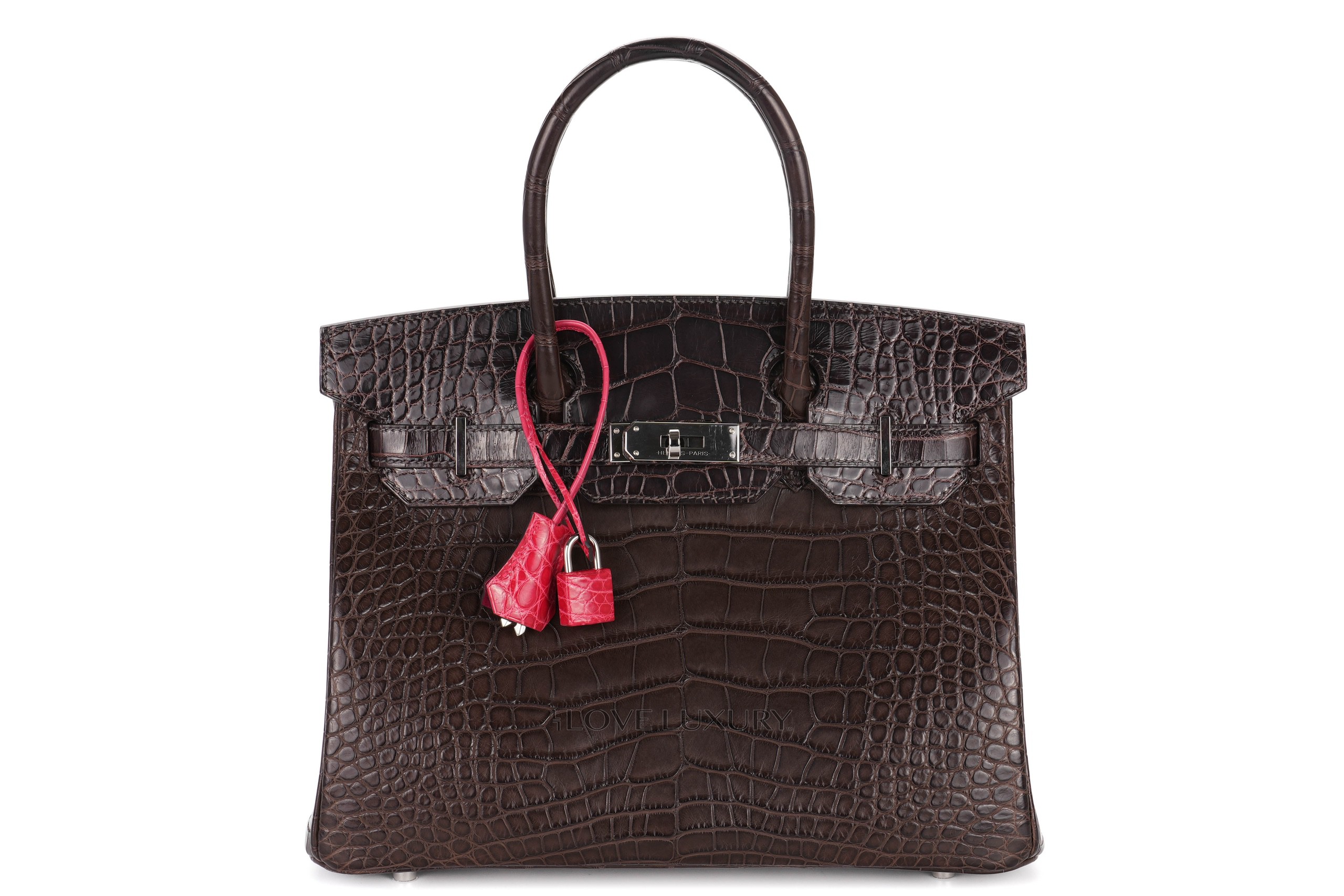 Hermes Birkin 30 Alligator Ebene Matte Macassar Shiny Rose Mexcico Palladium Hardware Luxury Shopping