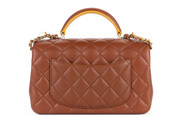 Chanel Mini Flap Bag Top Handle Brown Yellow Lambskin Light Gold