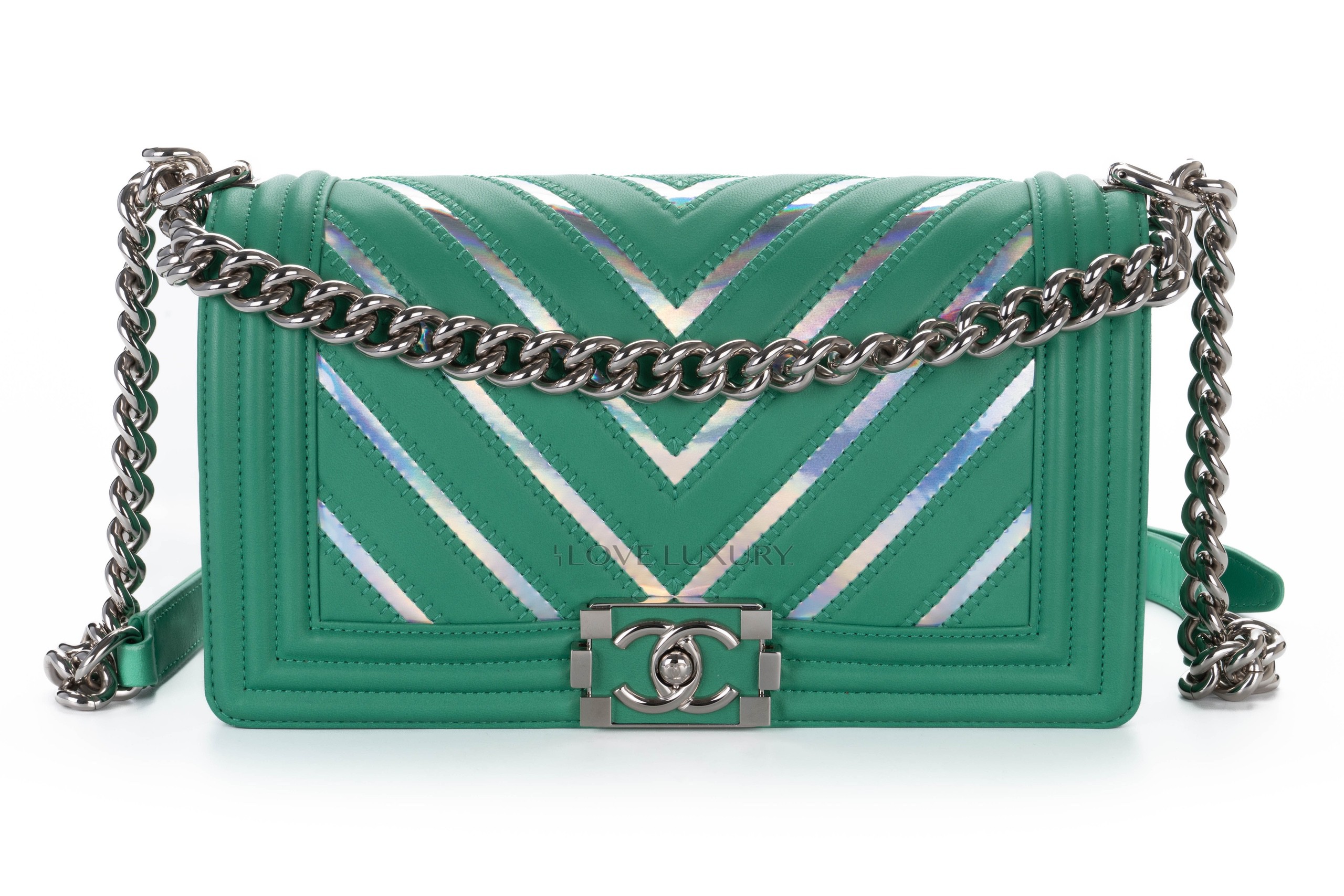 Chanel Medium Boy Green Patent Holographic PVC Bag Luxury Shopping