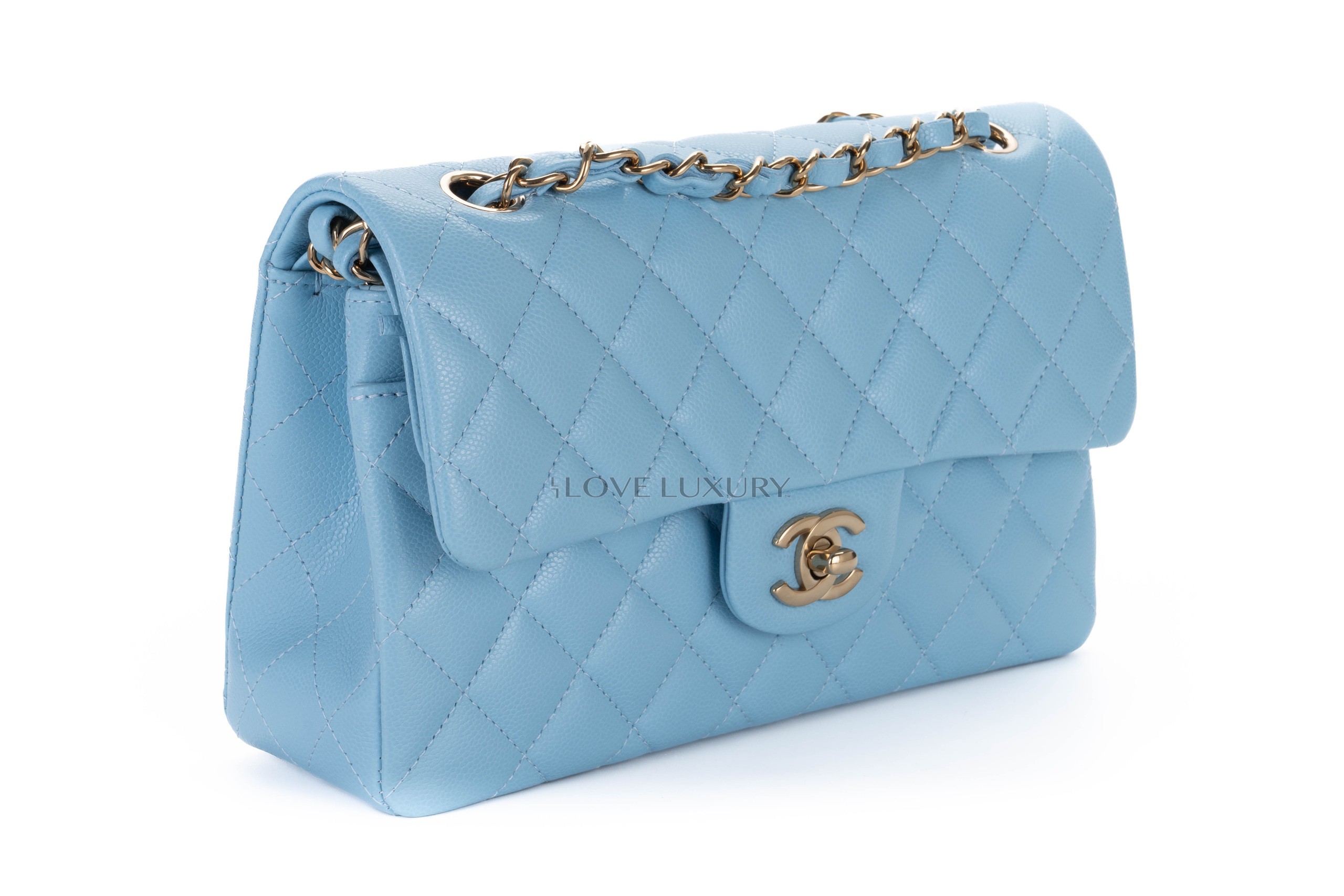 Chanel Small Classic Flap Light Blue Caviar Light Gold Hardware - Luxury  Shopping