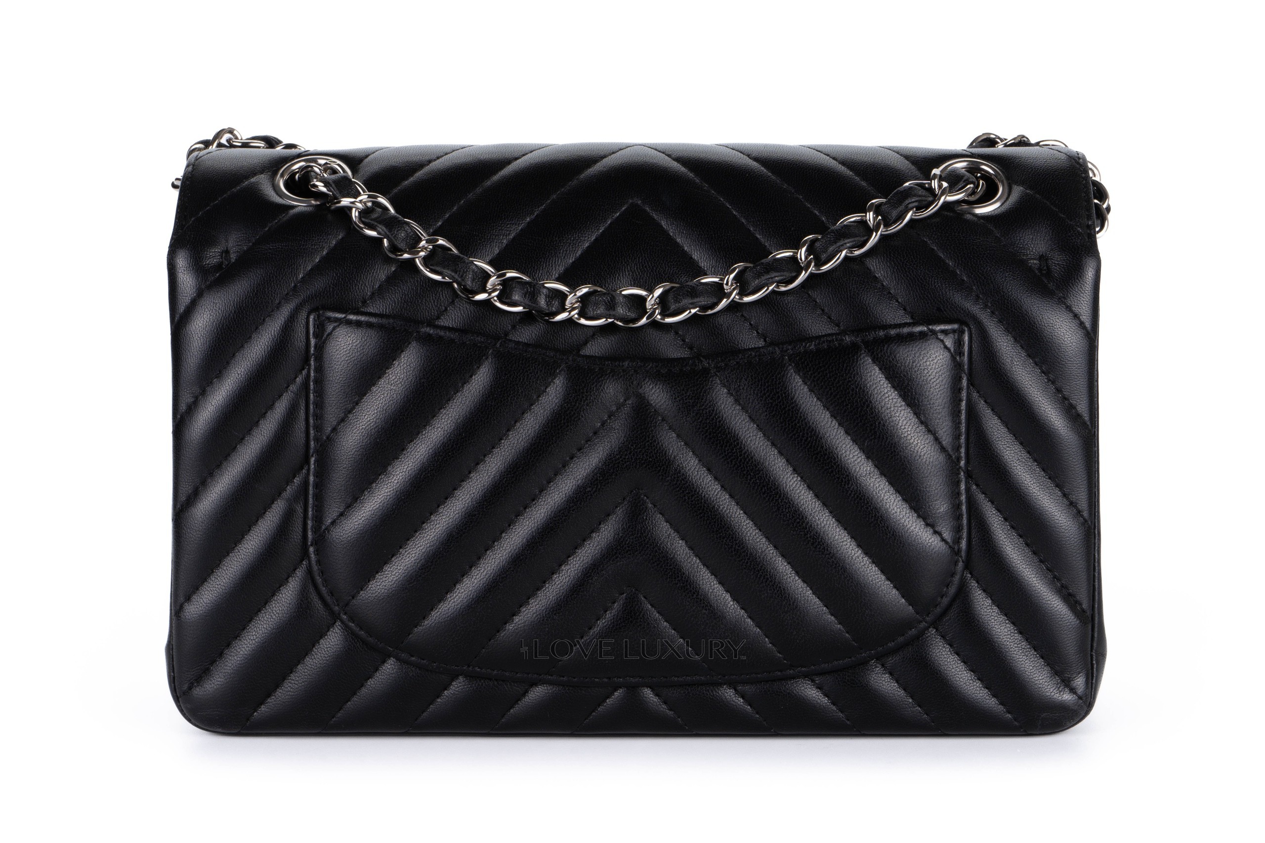 Chanel Small Chevron Classic Flap Black Lambskin Silver Hardware Luxury Shopping