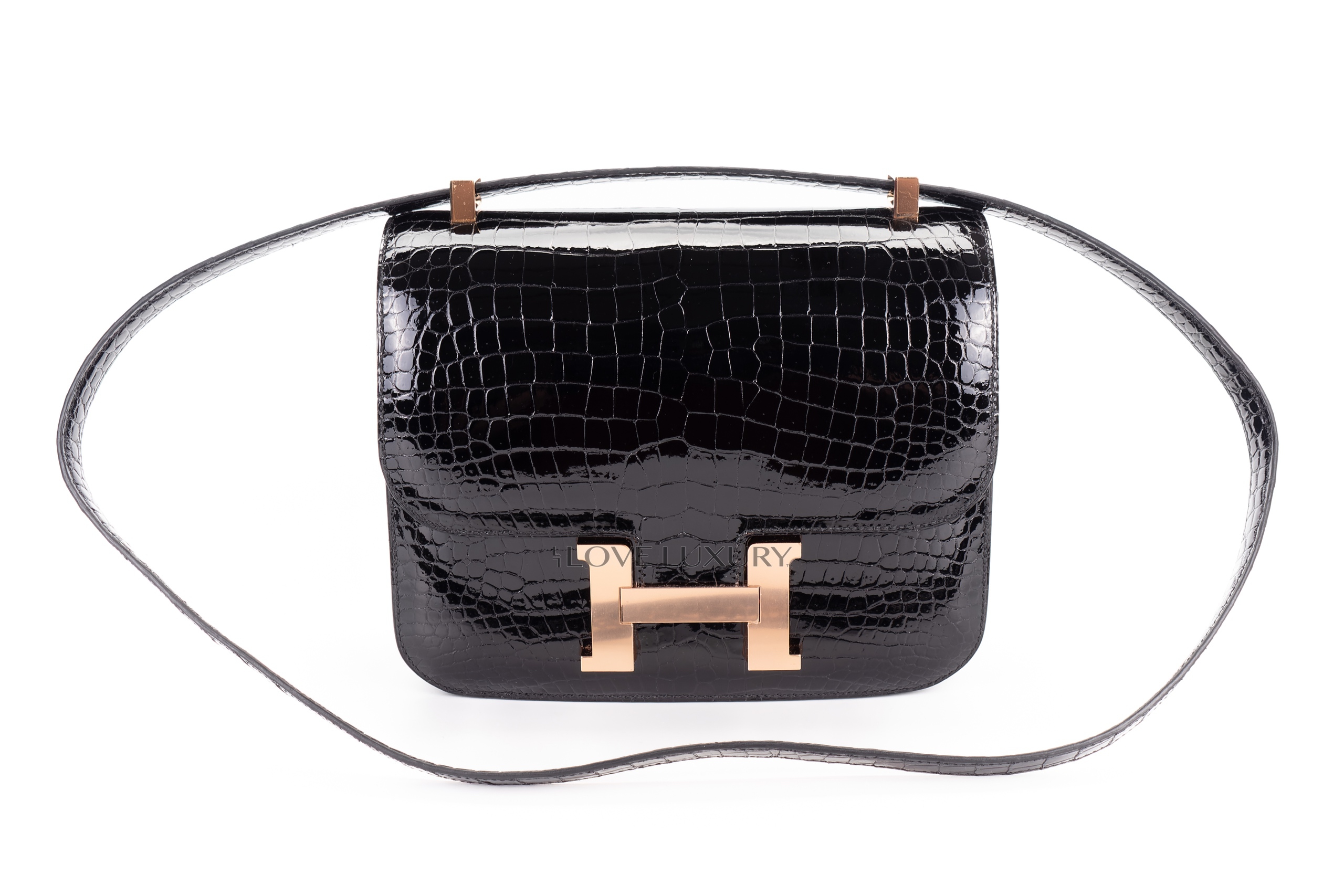 Herm s Constance 24 Crocodile Porosus Black Rose Gold Hardware