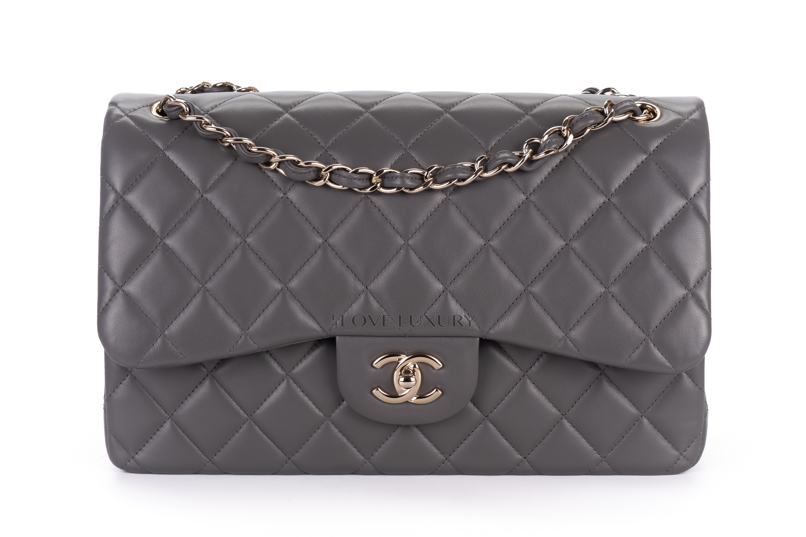 Chanel Jumbo Classic Flap Light Grey Lamsbkin Light Gold Hardware