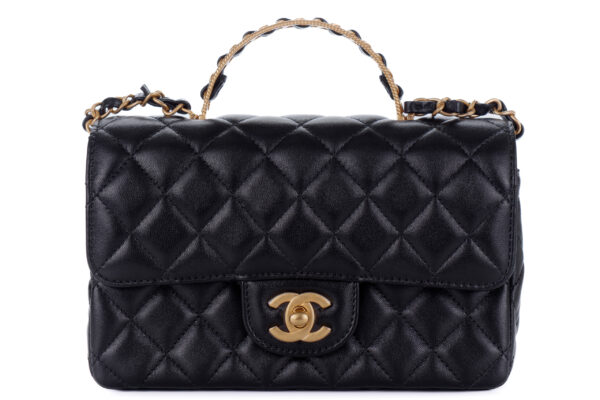 Chanel Flap Chain Top Handle Black Lambskin Gold Hardware Luxury
