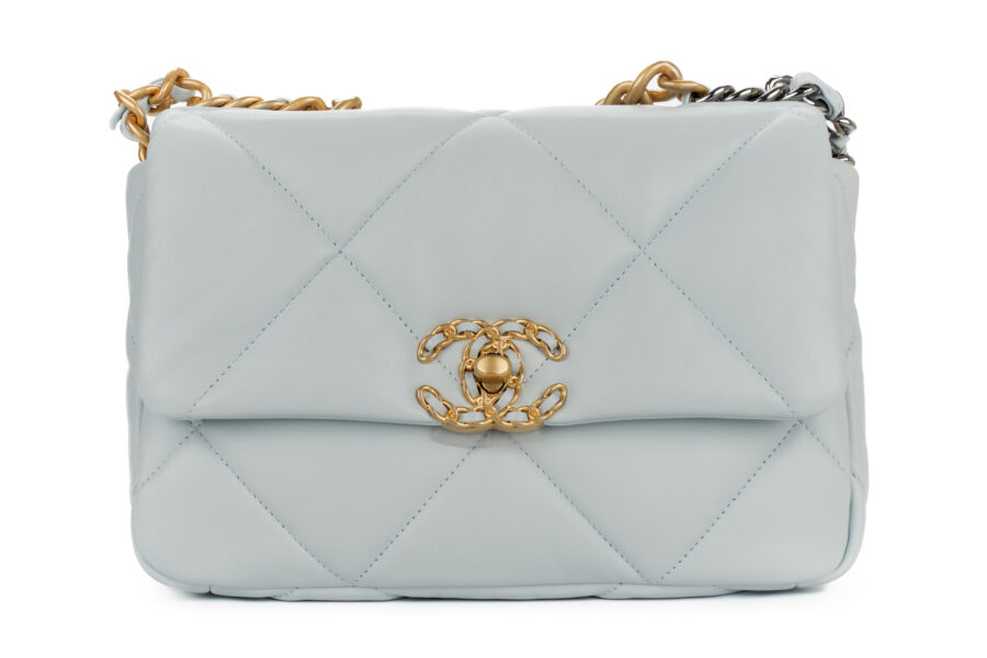 Chanel 19 Medium Baby Blue Goatskin Mixed Gold Hardware Luxury