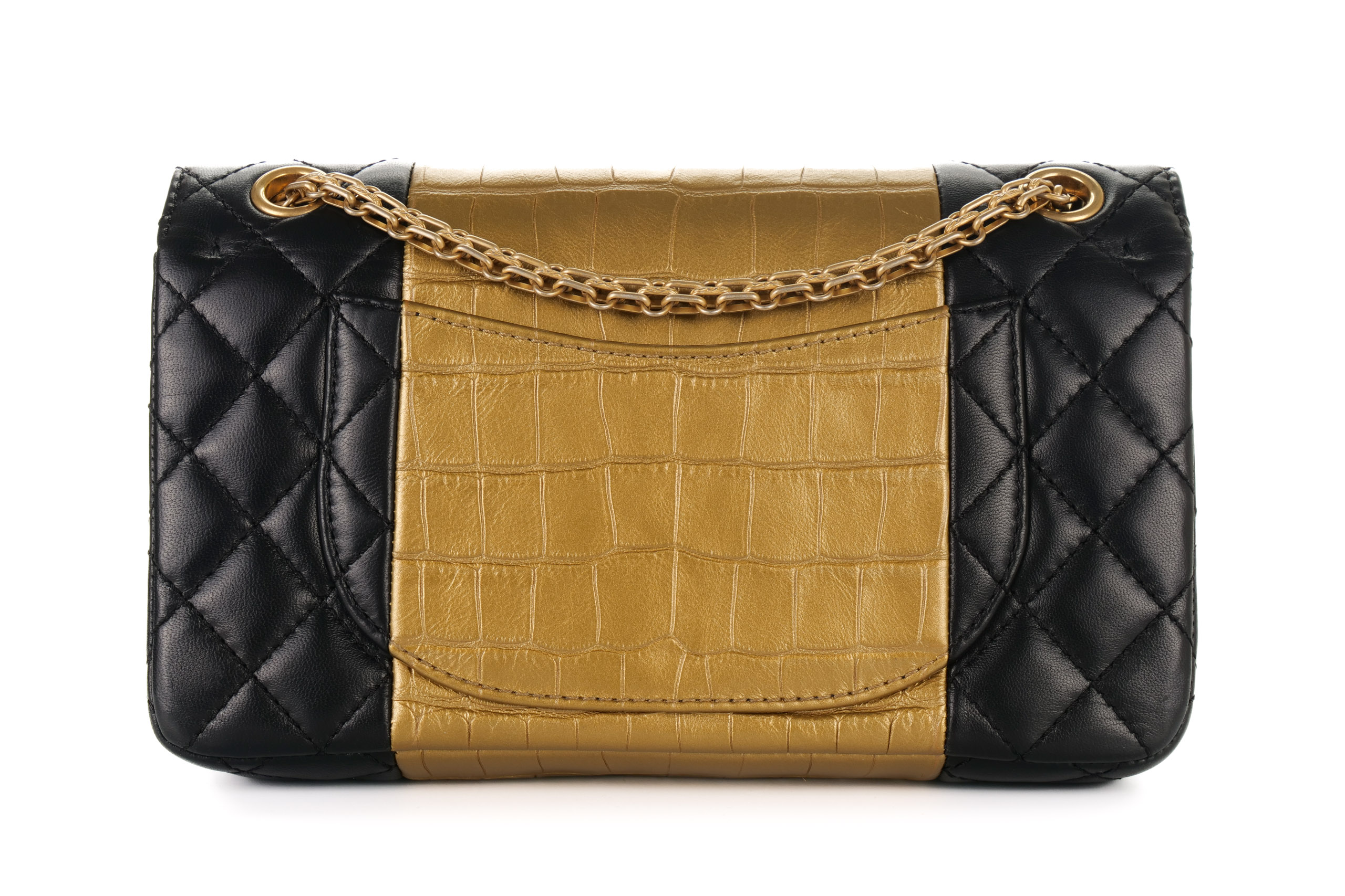 Chanel Classic Double Flap Medium Black Gold Lambskin Croc Embossed Reissue Flap Brushed Gold Hardware Luxury Shopping