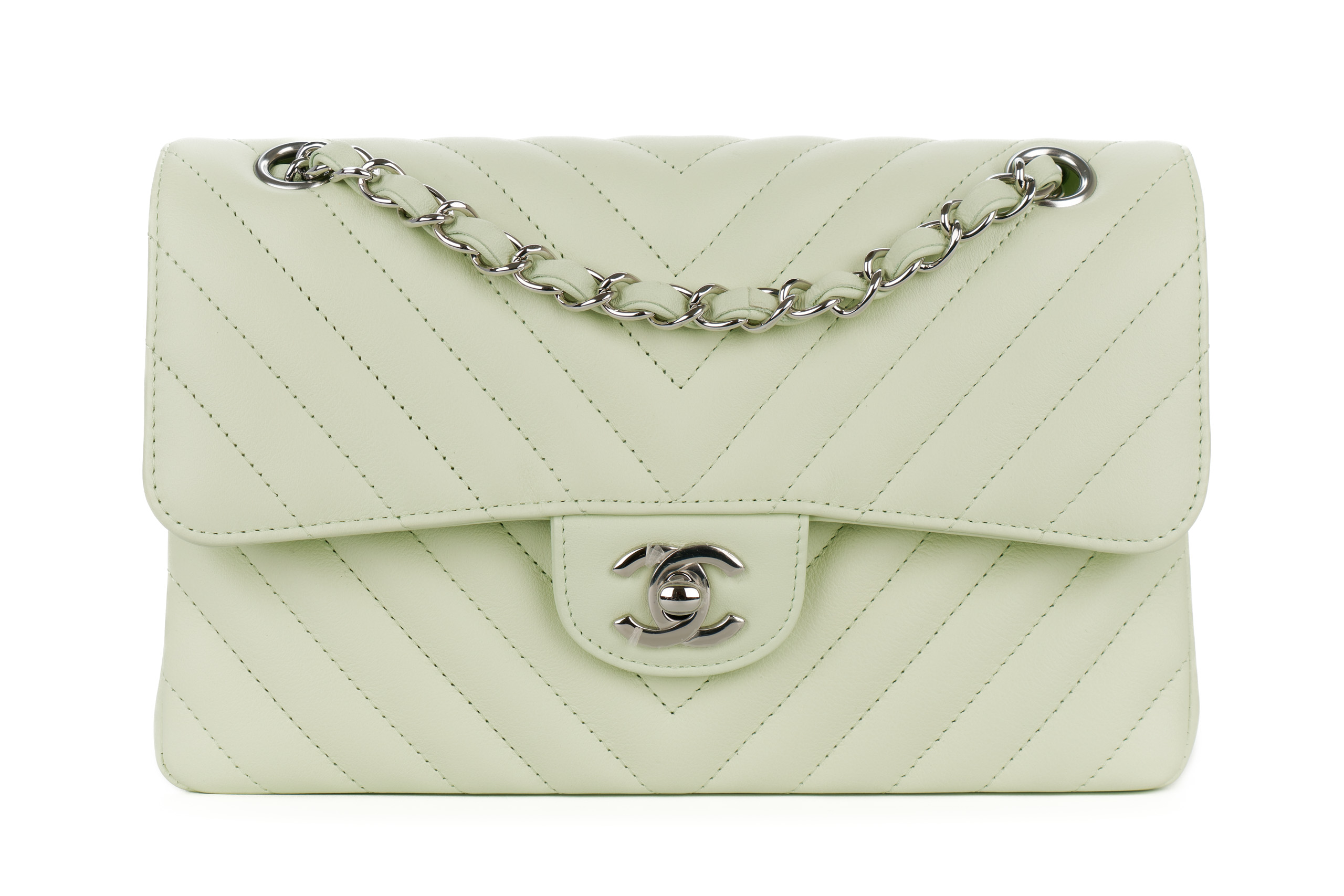 Chanel-Small-Classic-Double-Flap-Mint-Green-Chevron-Lambskin-Silver-Hardware-1