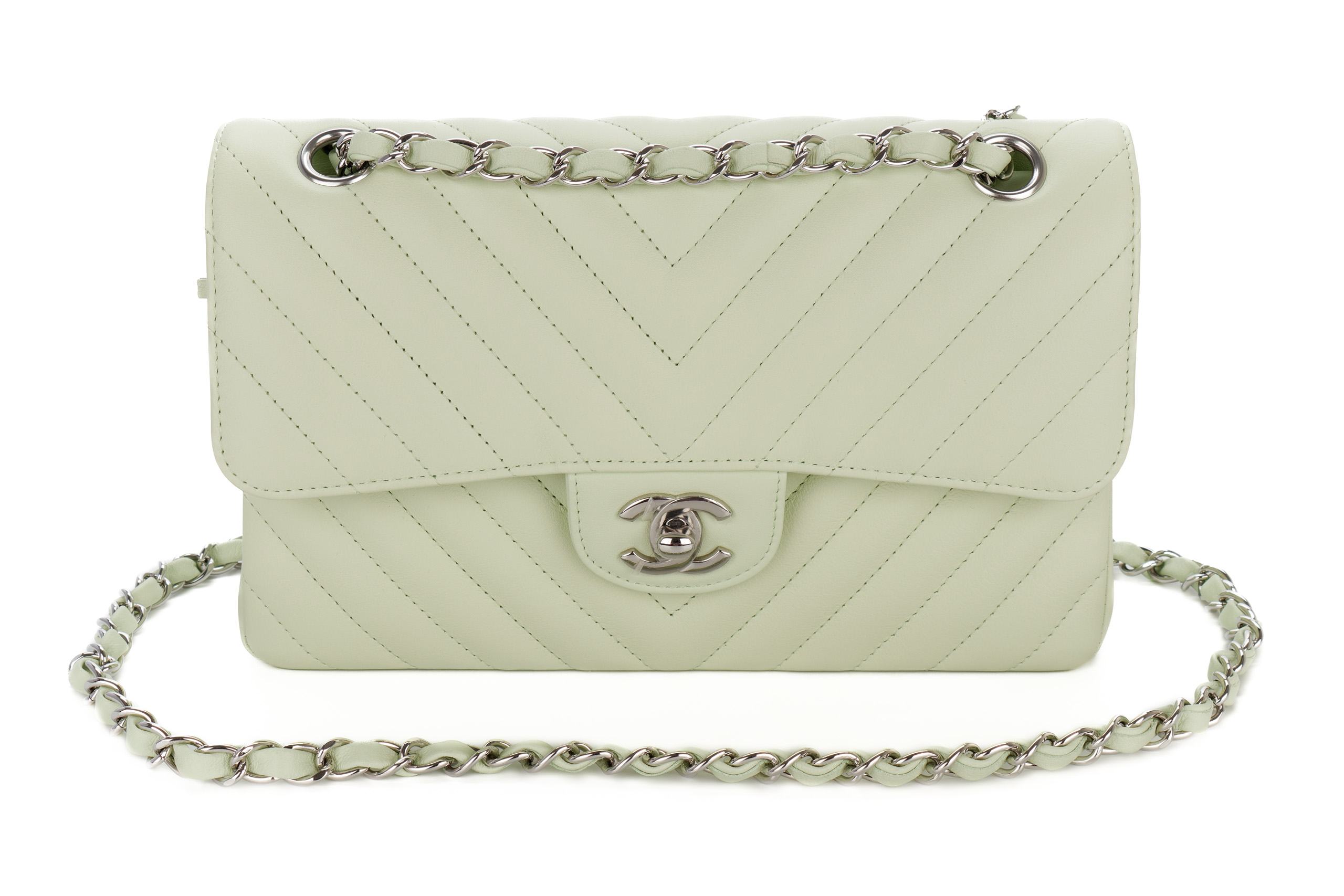 Chanel-Small-Classic-Double-Flap-Mint-Green-Chevron-Lambskin-Silver-Hardware-10