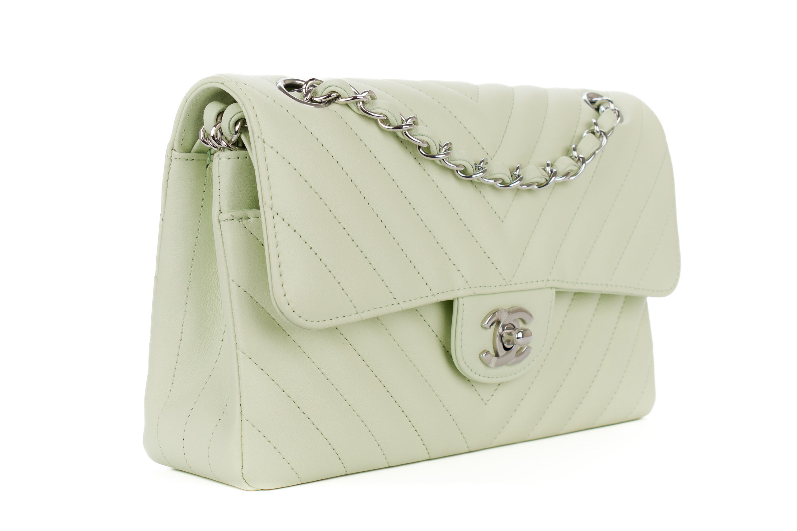 Chanel-Small-Classic-Double-Flap-Mint-Green-Chevron-Lambskin-Silver-Hardware-2