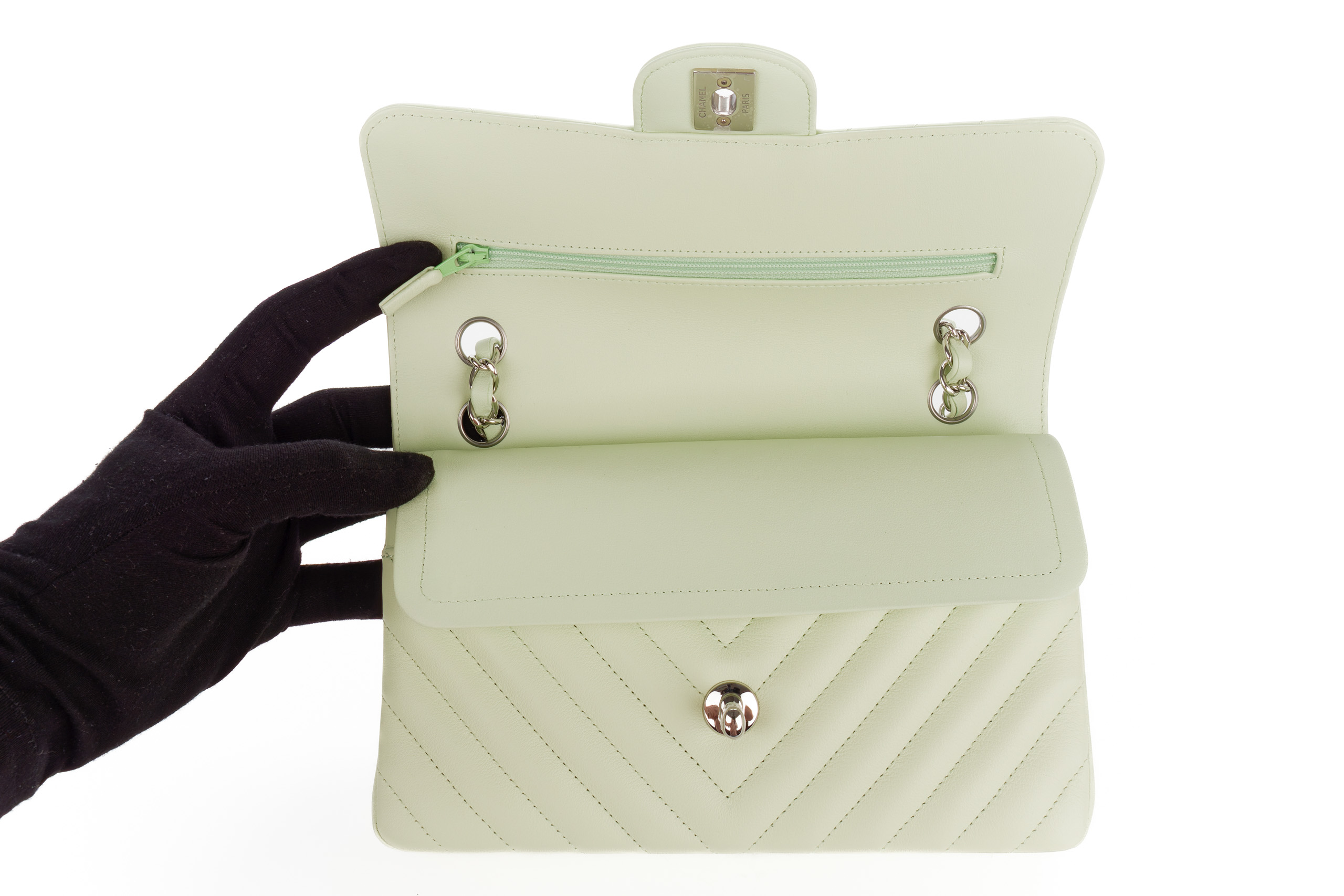 Chanel-Small-Classic-Double-Flap-Mint-Green-Chevron-Lambskin-Silver-Hardware-8