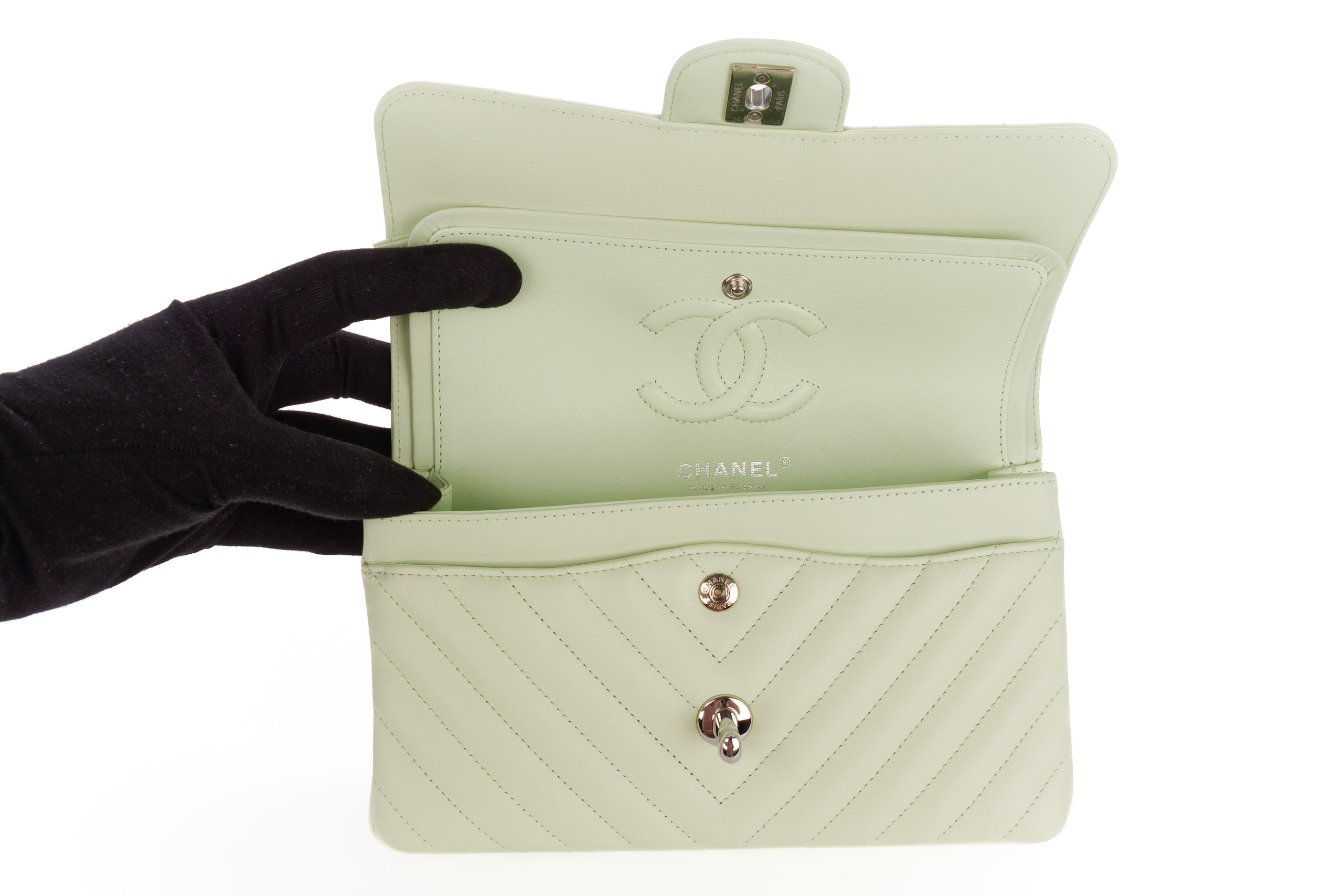 Chanel-Small-Classic-Double-Flap-Mint-Green-Chevron-Lambskin-Silver-Hardware-9