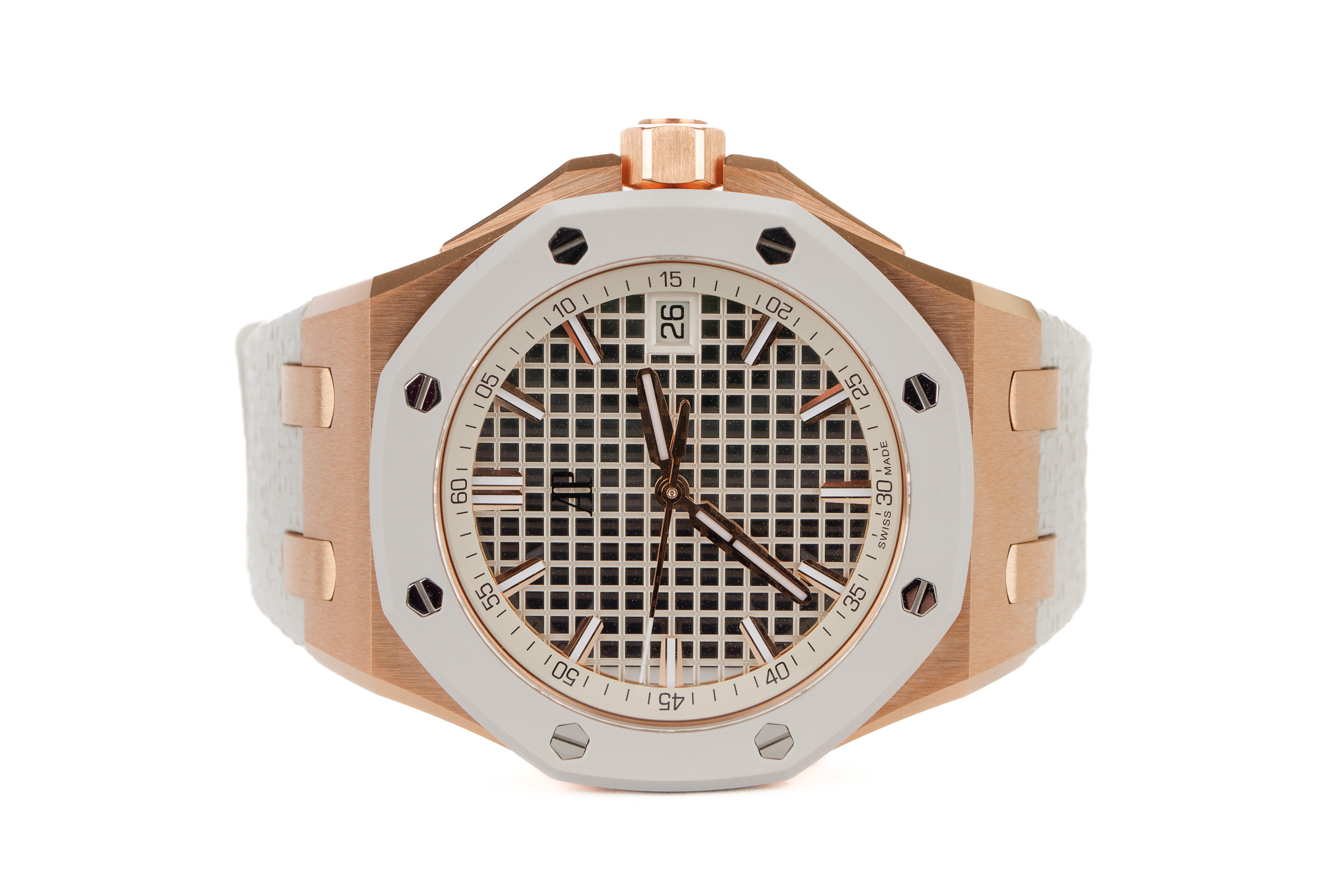 Audemars Piguet Royal Oak Offshore Pink Gold Grey Rubber Bezel Ivory Dial 77605OK.OO.A101CA.01