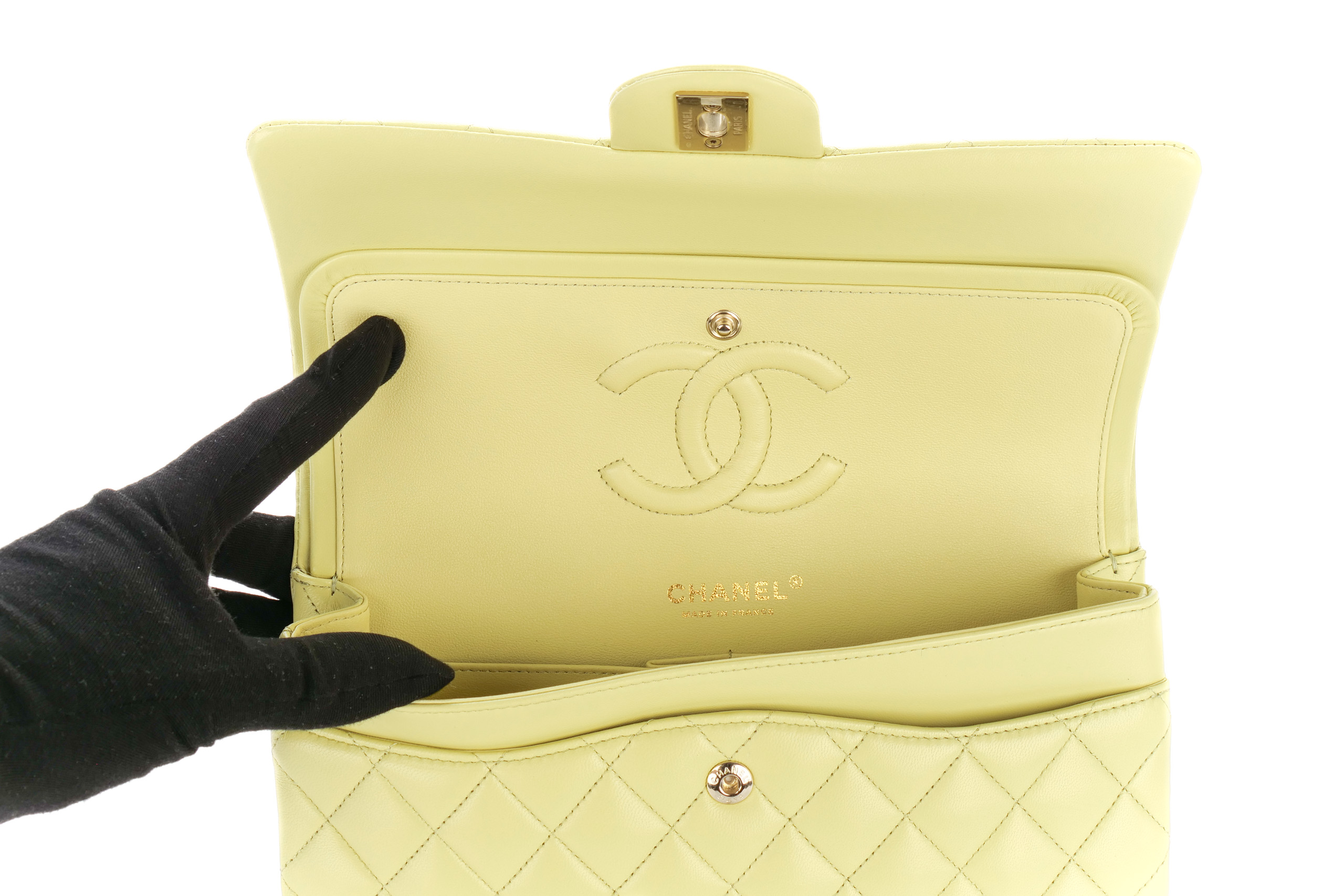 Chanel-Classic-Double-Flap-Lime-Green-Lambskin-Quilted-Champagne-Hardware-new-14