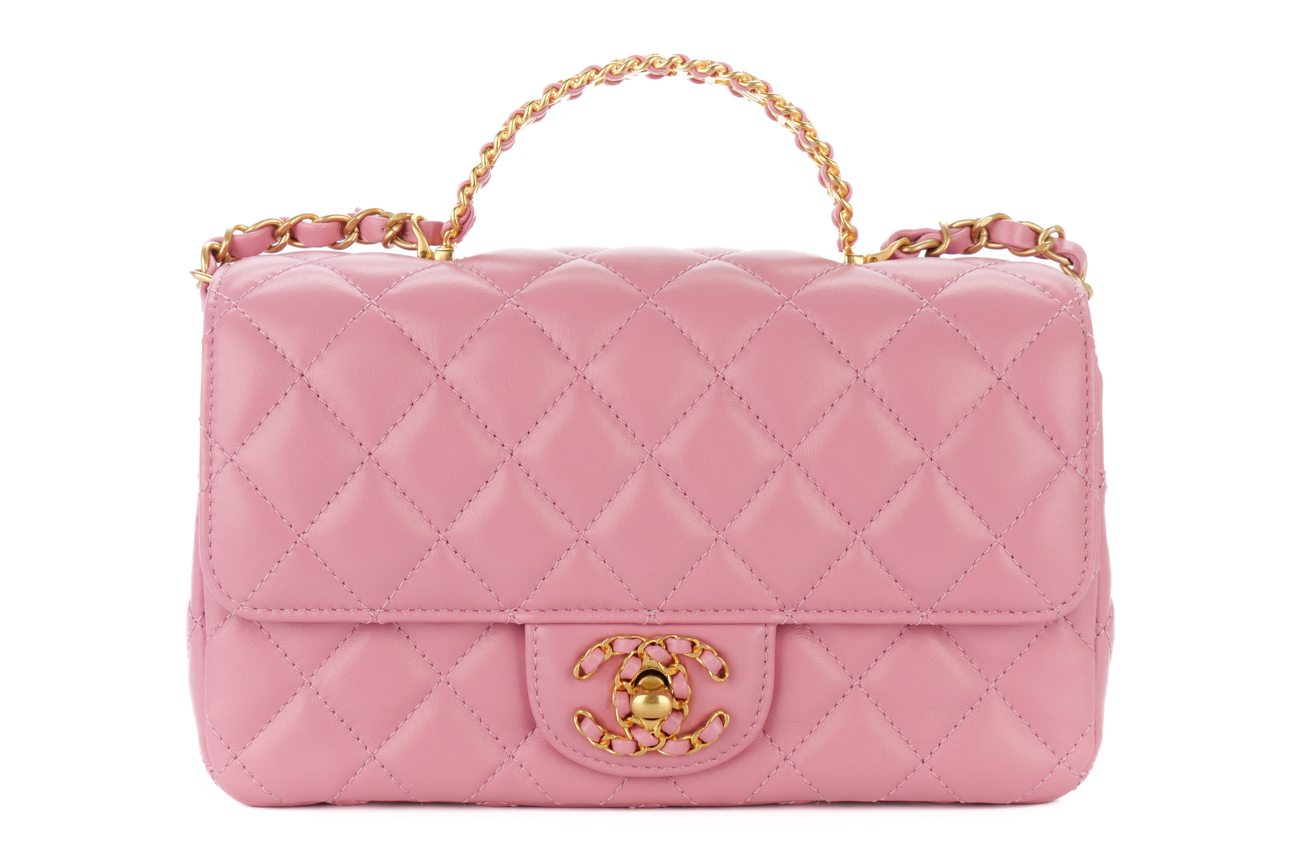 Chanel Mini Flap Top Handle Pink Chain CC Logo Gold Hardware