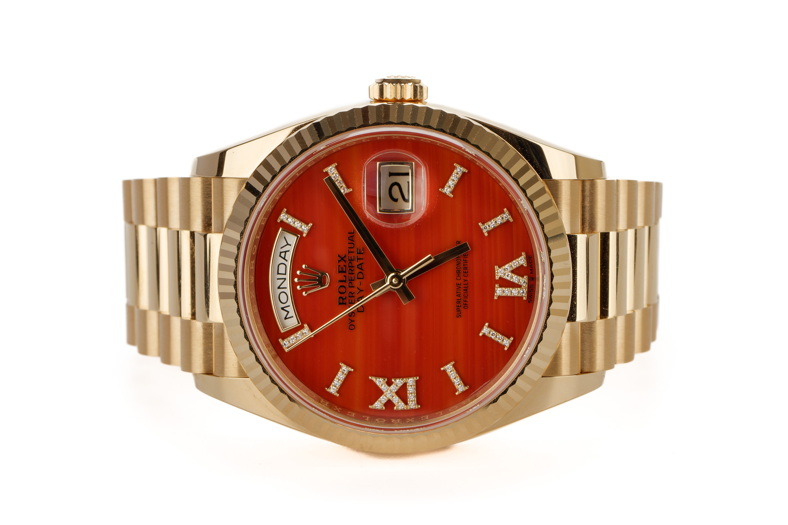 Rolex Day-Date 36 Yellow Gold Carnelian Dial 128238 - Luxury Shopping