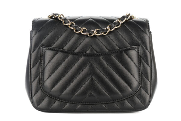 Chanel Mini Square Black Chevron Lambskin Champagne Hardware
