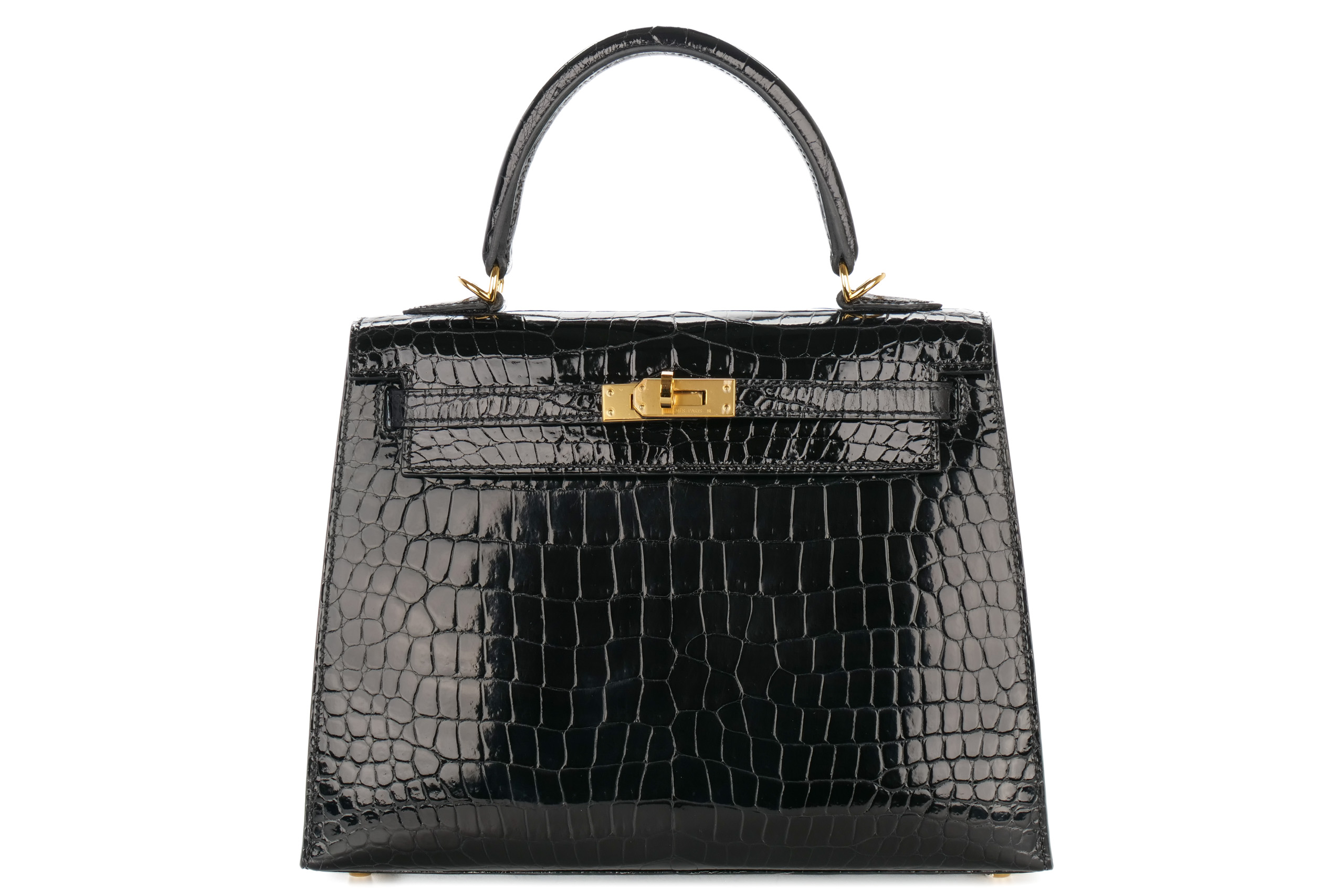 Hermès Kelly 25 Noir Black Crocodile Porosus Lisse Gold Hardware
