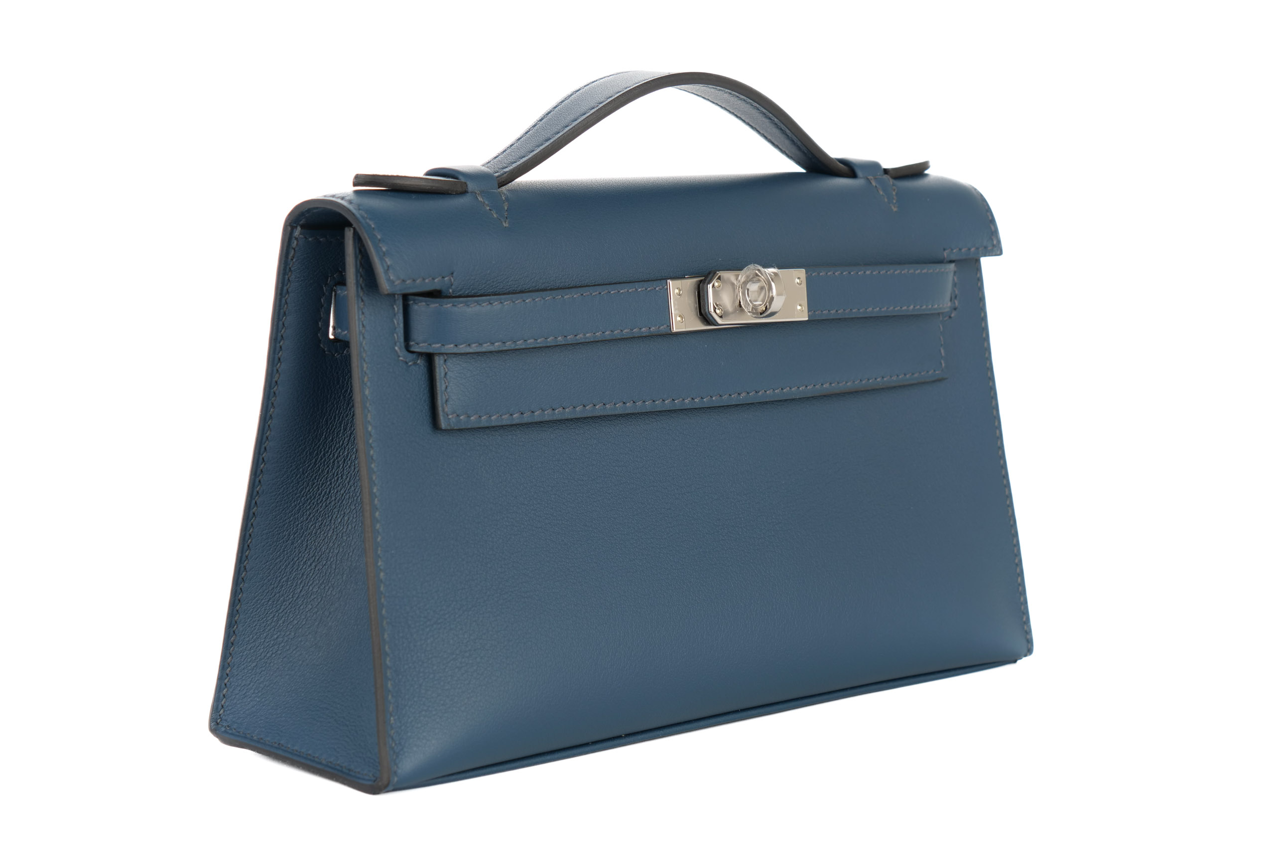 Hermes Kelly Pochette Bleu De Prusse Swift Palladium Hardware