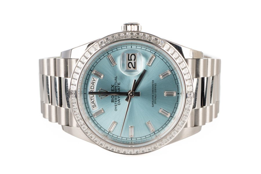 Rolex Day-Date 36 Ice Blue Dial Baguette Diamonds Platinum