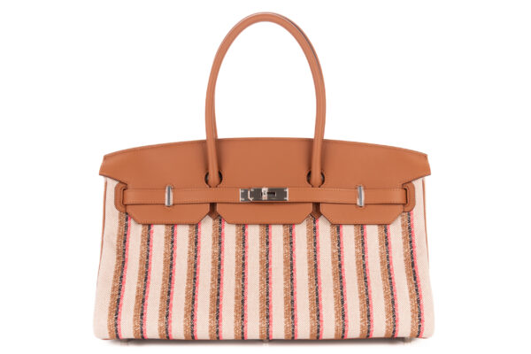 Hermès Birkin Shoulder 39 Broderie Rayures Gold Multicolor Swift / Toile H Palladium Hardware